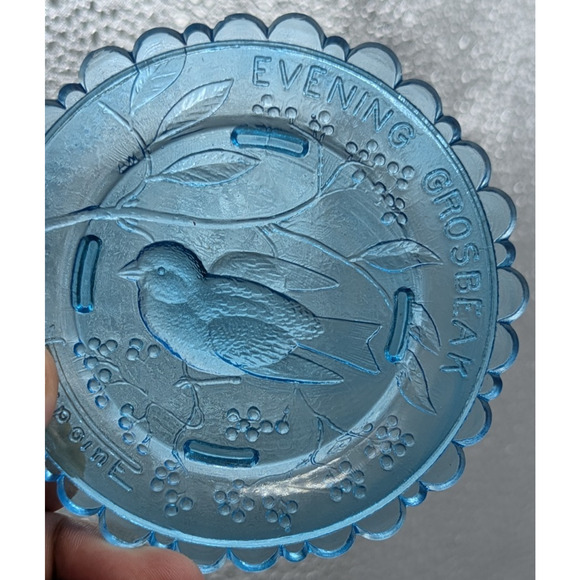Evening Grosbeak Bird Glass Window Decor Pairpoint Cup Plate Blue Vintage 3.5" - Picture 7 of 7